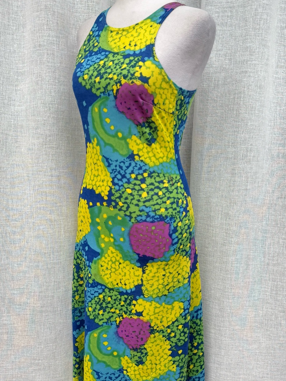 1970 paisley JerSea of Sweden cross back blue yellow green sleeveless dress - Picture 3 of 14